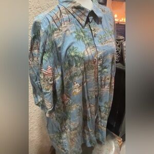 Batik Bay Hawaiian aloha shirt in blue rayon w/ a tropical palm tree and village